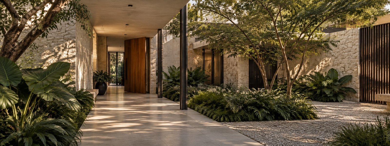Entrada de una residencia contemporánea integrada al jardín en Asunción